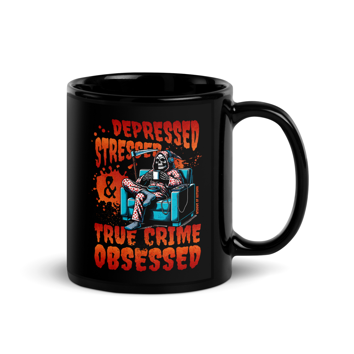 Depressed, Stressed, & True Crime Obsessed Mug - Black