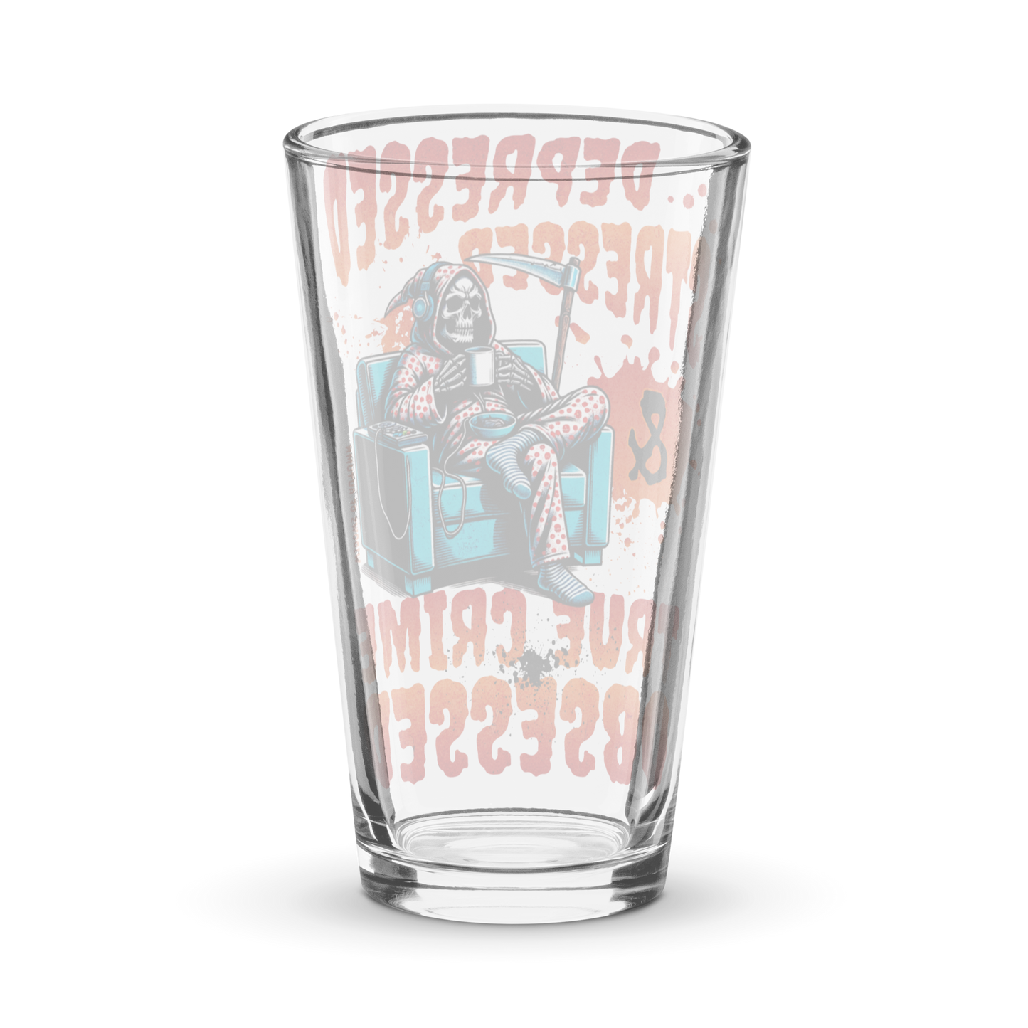 Depressed, Stressed, & True Crime Obsessed Shaker Pint Glass