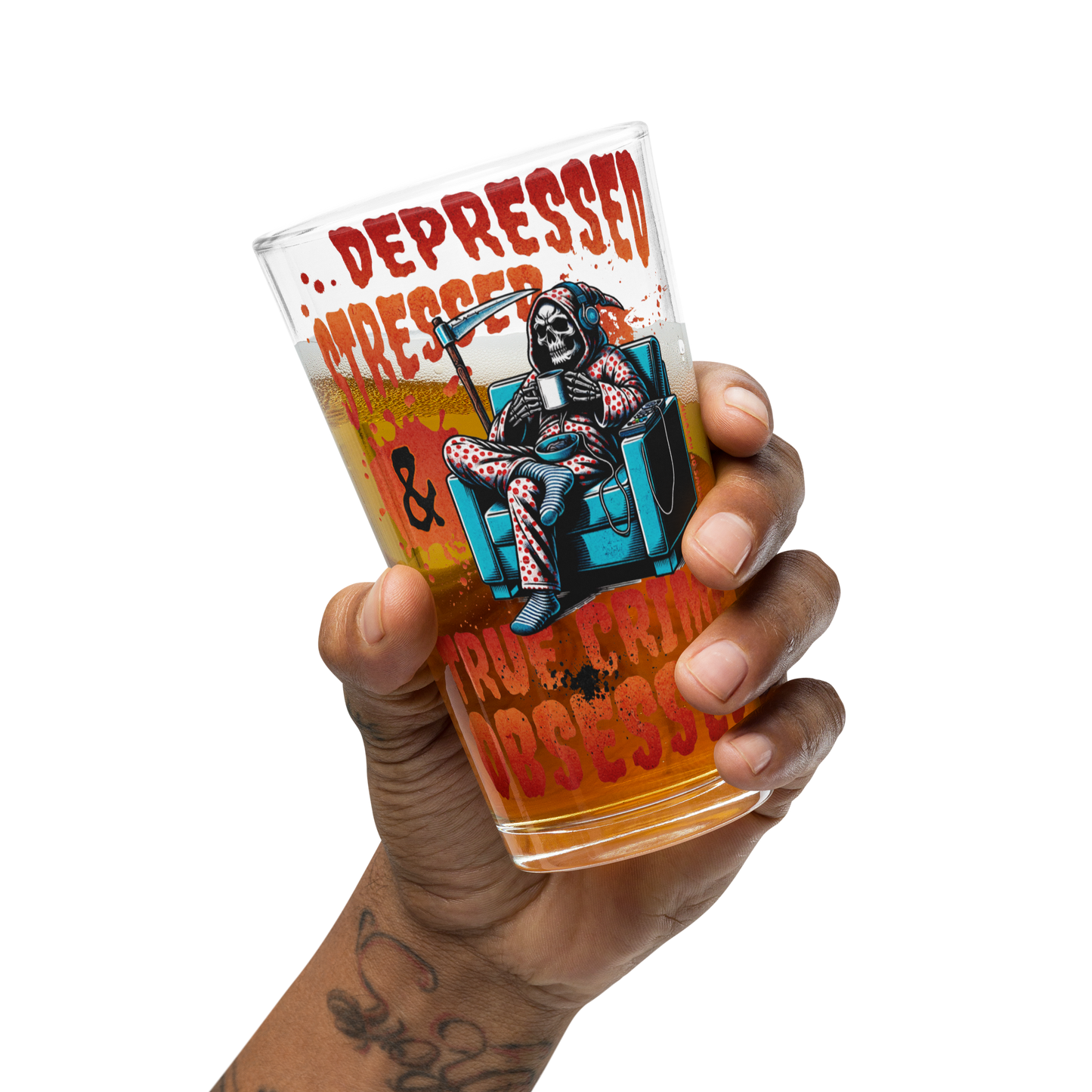 Depressed, Stressed, & True Crime Obsessed Shaker Pint Glass