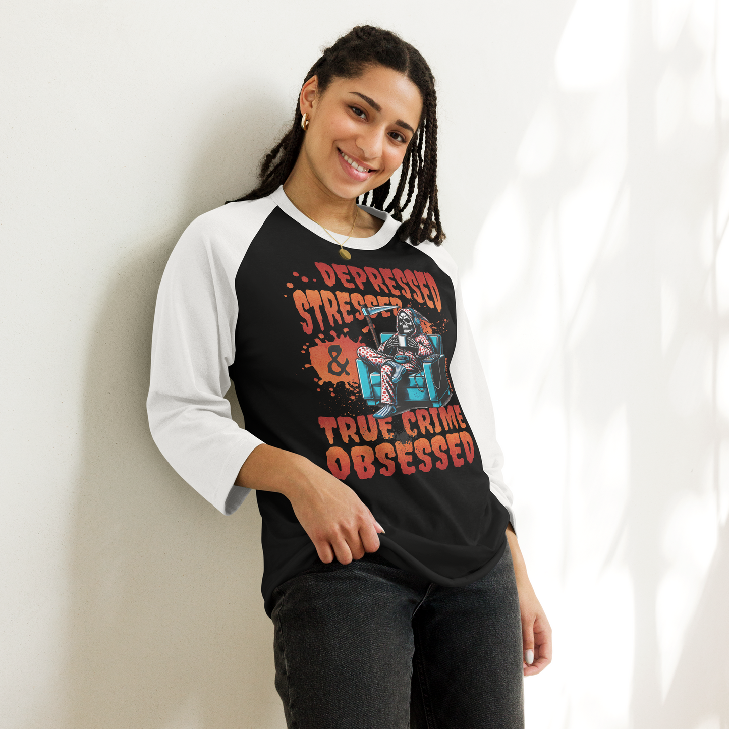 Depressed, Stressed, & True Crime Obsessed Baseball Tee