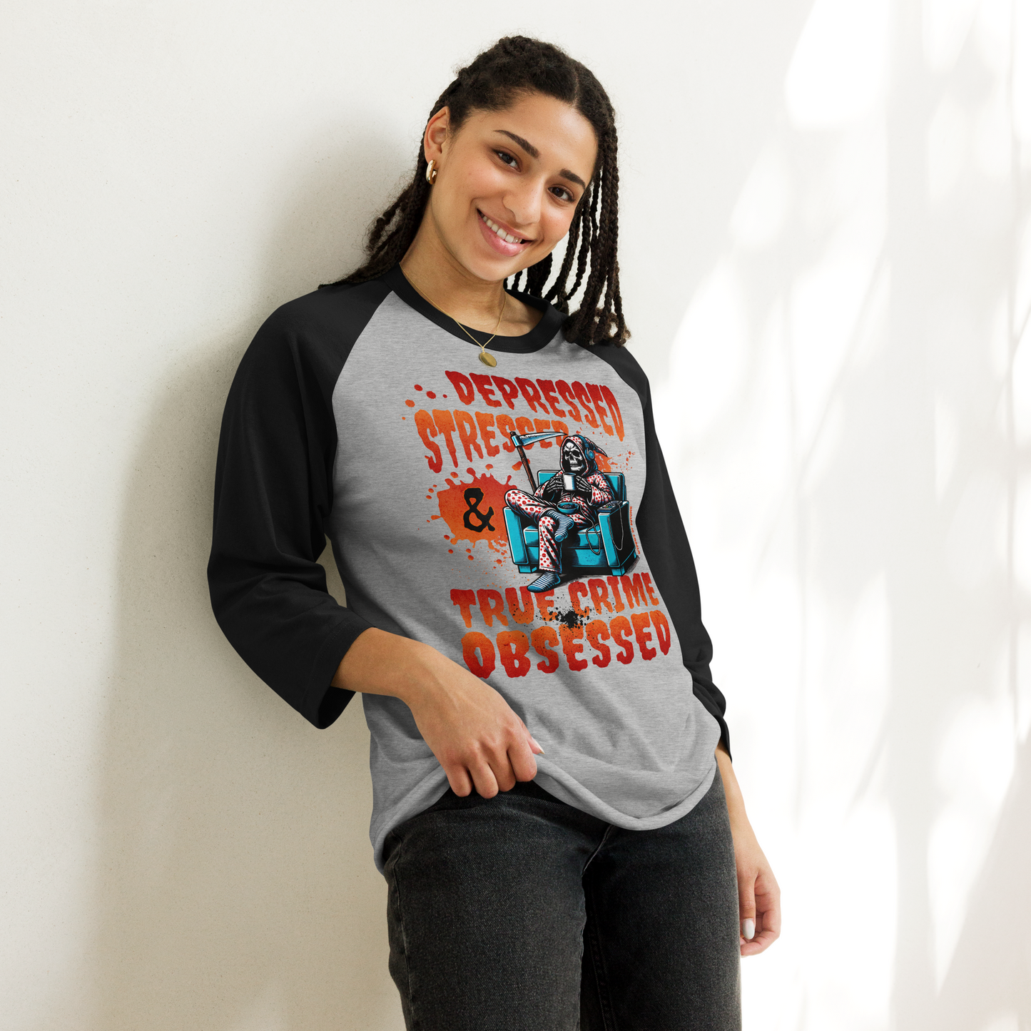 Depressed, Stressed, & True Crime Obsessed Baseball Tee