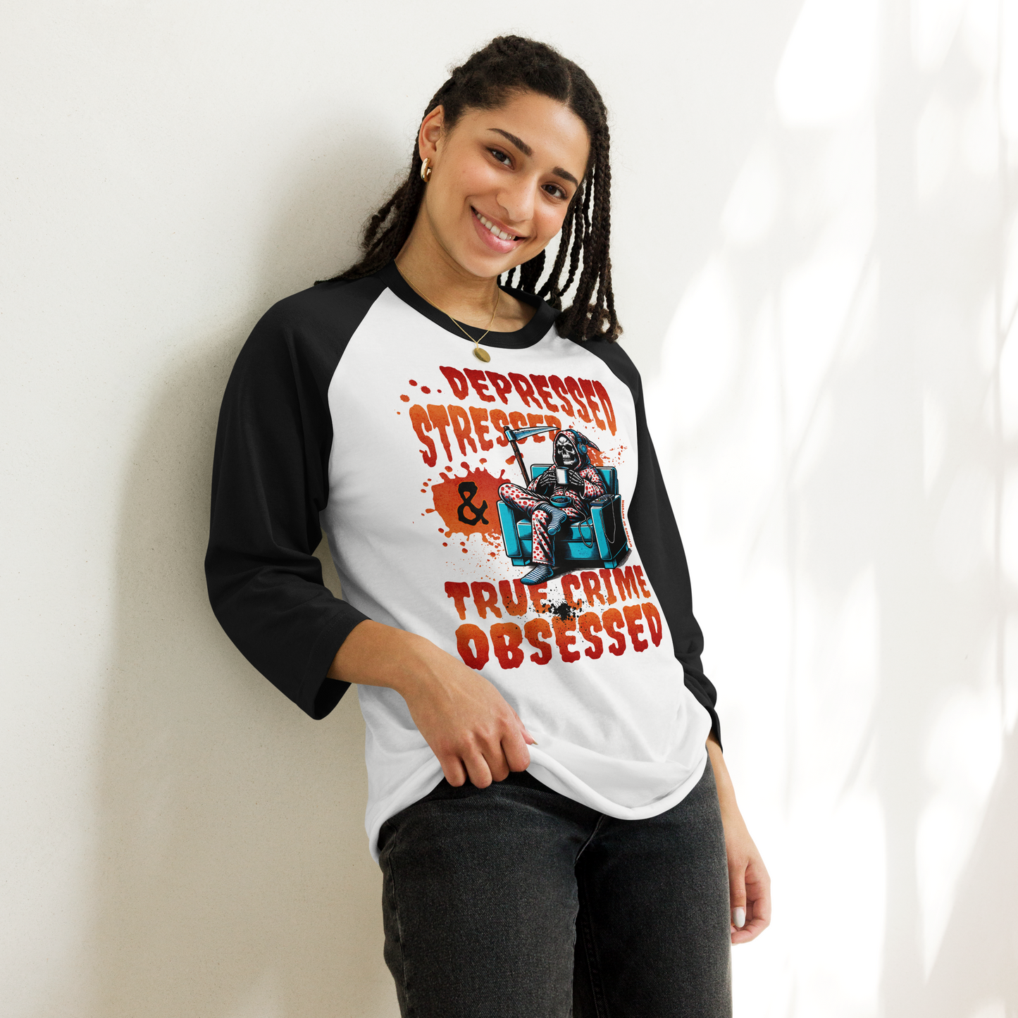 Depressed, Stressed, & True Crime Obsessed Baseball Tee