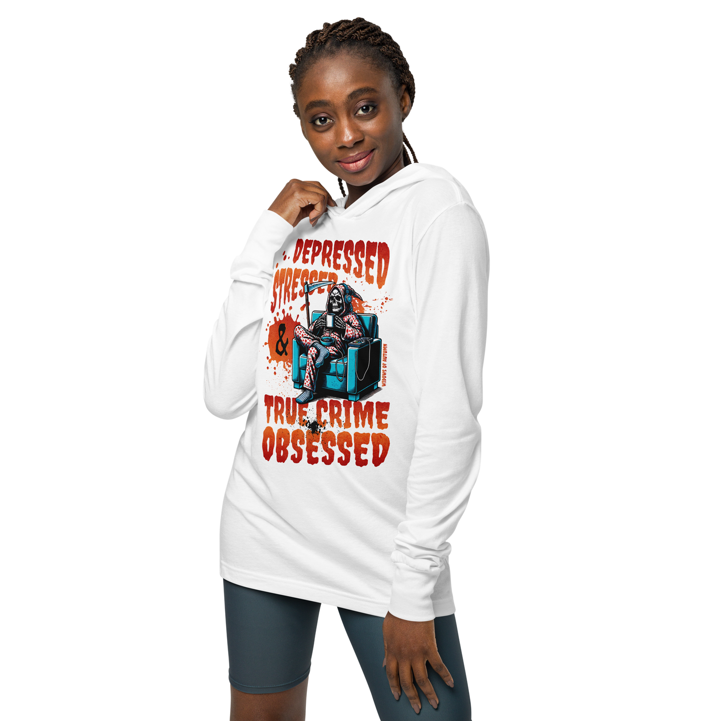 Depressed, Stressed, & True Crime Obsessed Hooded Long-Sleeve Tee